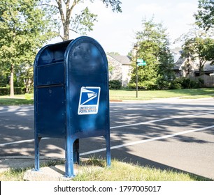 Berks County, Pennsylvania- August 14, 2020: USPS Mailbox On Suburban Street In Pennsylvania