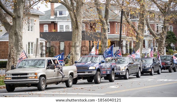 Berks County, Pennsylvania,\
November 15, 2020- Supporters of President Trump in cars and trucks\
drive down Penn Avenue, Berks County as part of a Trump\
parade