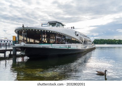 Berlin 2021: The famous whale tourist ship "Moby Dick" at the landing stage at Tegeler See. The inland passenger ship, completed in 1972, operates on a scheduled basis on Berlin's inland waterways.