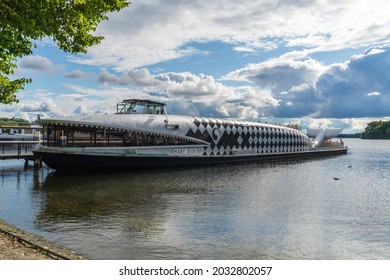 Berlin 2021: The famous whale tourist ship "Moby Dick" at the landing stage at Tegeler See. The inland passenger ship, completed in 1972, operates on a scheduled basis on Berlin's inland waterways.