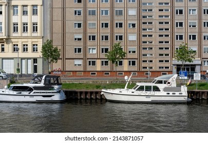 Berlin, 2022, March, 15, Sports Boat Berth In The Spree In Front Of An Administration Building Of The German Bundestag