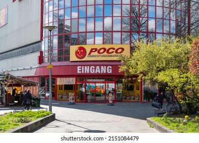 Berlin 2022: Poco is a German furniture discounter. View of the entrance to the store in Kreuzberg.