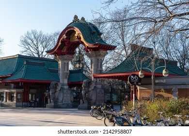 Berlin 2022: The Berlin Zoological Garden in the Tiergarten district of Berlin (Mitte district) is the oldest zoo still in existence in Germany. Entrance with the famous elephant gate.