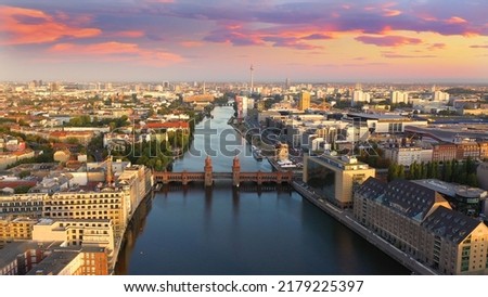 Berlin brandenburg skyline aerial view birds view, belrin river bridge view from above, belrin germany.
