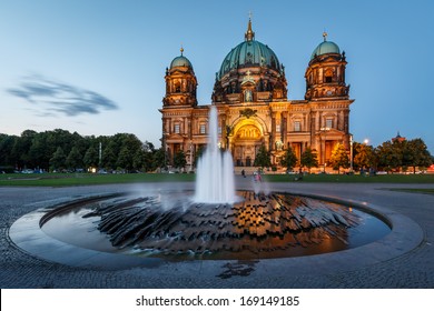 Berlin Cathedral (Berliner Dom) and Fountain Illuminated in the Evening, Germany