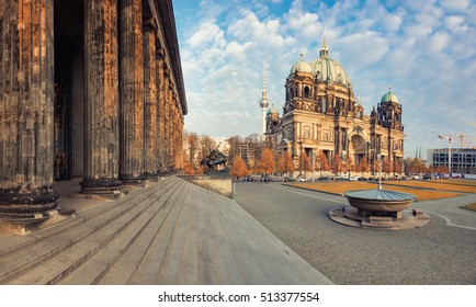 Berlin Cathedral, or Berliner Dom on a bright afternoon in Fall from the steps of Altes Museum. This image is toned.