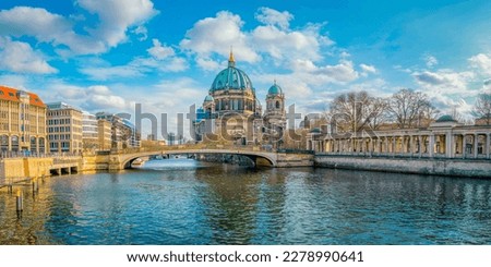 Berlin city skyline, buildings, and Berlin Cathedral Dome over the Spree River in the Capital of Germany