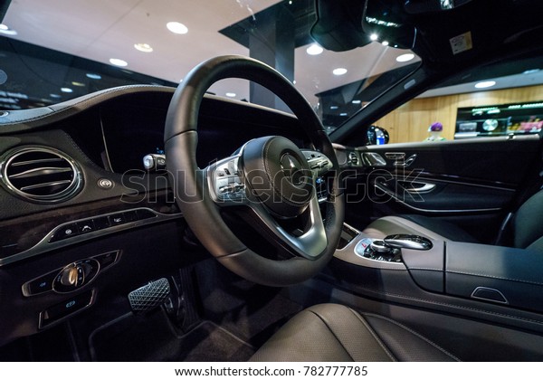 BERLIN - DECEMBER 21, 2017: Showroom. Interior of\
the full-size luxury car Mercedes-Benz S-Class S350d (W222\
Facelift). Since 2017.