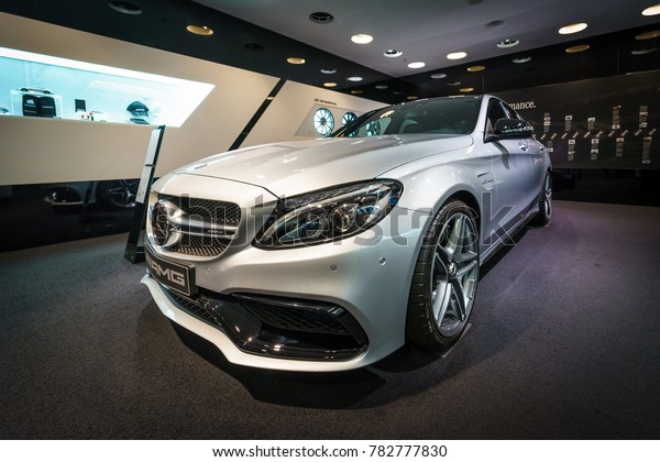 BERLIN - DECEMBER 21, 2017:\
Showroom. Mid-size car Mercedes-Benz C-Class AMG C63 (W205). Since\
2015.