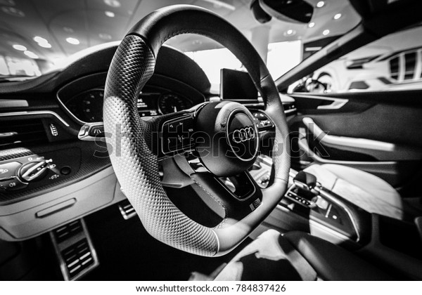 BERLIN -\
DECEMBER 21, 2017: Showroom. Interior of the compact executive car\
Audi A5 Sportback g-tron. Since\
2017.