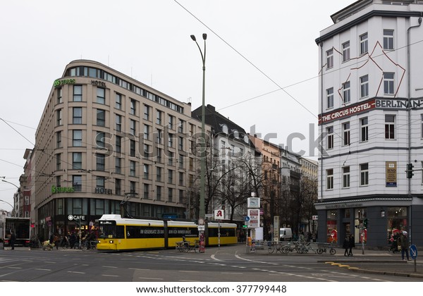 BERLIN - FEBRUARY 16:\
A Tram in the Rosenthalerplatz and the Tram in Berlin Mitte on\
February 16, 2016.