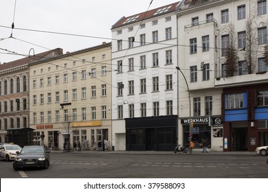 BERLIN - FEBRUARY 18: Buildings in the Friedrichstrasse / Oranienburgerstrasse in Berlin Mitte on February 18, 2016. The black local is being prepared to open a "Bulgari" store (the Italian brand).  