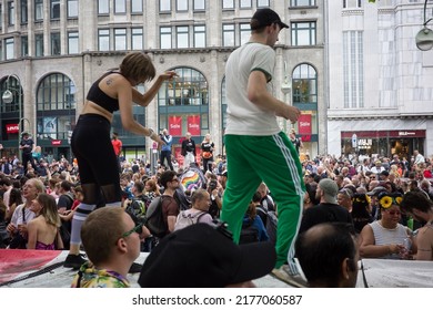 Berlin, Germany - 07.09.2022: The Crowd Of Dancing People During Rave The Planet Event