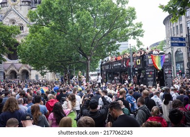 Berlin, Germany - 07.09.2022: A Crowd Of People In Front Of Queer Rave Truck On Rave The Planet Techno Event