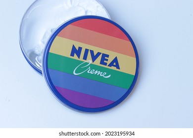 Berlin, Germany 08-10-2021: Round Nivea Cream Jar With A Lid In Fabulous Pride Rainbow Edition 
