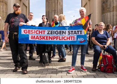Berlin, Germany 08/29/2020 Supporters of the right wing political party AfD (Alternative for Germany), demonstrate against government Coronavirus measures at the Brandenburg Gate