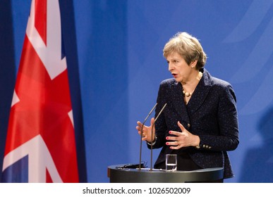 Berlin, Germany. 16th February, 2018: Theresa May at the german chancellery  (press conference) answering a question