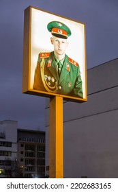 Berlin, Germany - 17 DEC 2021: Checkpoint Charlie Was The Best Known Berlin Wall Crossing Point Between East Berlin And West Berlin During The Cold War, As Named By The Western Allies.