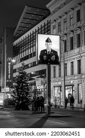 Berlin, Germany - 17 DEC 2021: Checkpoint Charlie Was The Best Known Berlin Wall Crossing Point Between East Berlin And West Berlin During The Cold War, As Named By The Western Allies.