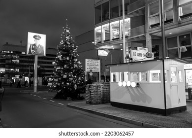 Berlin, Germany - 17 DEC 2021: Checkpoint Charlie Was The Best Known Berlin Wall Crossing Point Between East Berlin And West Berlin During The Cold War, As Named By The Western Allies.