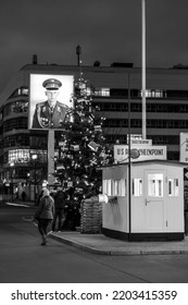 Berlin, Germany - 17 DEC 2021: Checkpoint Charlie Was The Best Known Berlin Wall Crossing Point Between East Berlin And West Berlin During The Cold War, As Named By The Western Allies.