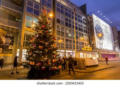 Berlin, Germany - 17 DEC 2021: Checkpoint Charlie Was The Best Known Berlin Wall Crossing Point Between East Berlin And West Berlin During The Cold War, As Named By The Western Allies.