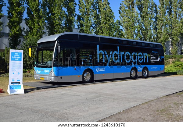 Berlin, Germany - 18th September, 2018: Van Hool A330 Fuel Cell hydrogen bus on the exposition point.