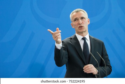 Berlin, Germany, 2017-02-08: Jens Stoltenberg, 13th Secretary General Of The NATO Speaks At The German Chancellery