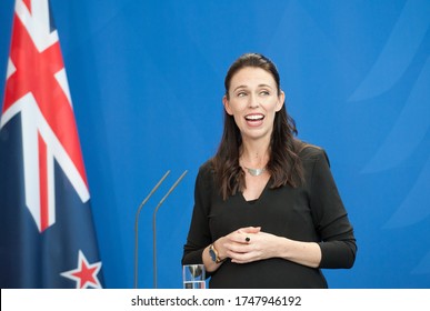 Berlin, Germany. 2018-04-17: Prime Minister of New Zealand, Jacinda Kate Laurell Ardern, answering questions at the press conference at the German Chancellery in Berlin