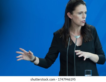 Berlin, Germany. 2018-04-17: Prime Minister of New Zealand, Jacinda Kate Laurell Ardern, answering questions at the press conference at the German Chancellery in Berlin