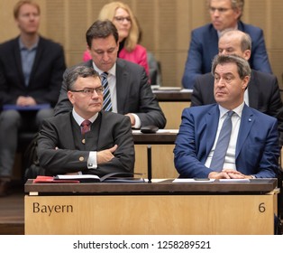 Berlin, Germany, 2018-12-14: The Prime Minister of Bavaria, Markus Söder takes part at the Bundesrat meeting in Berlin with Minister Florian Herrmann