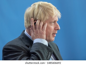 Berlin, Germany, 2019-08-21:  Boris Johnson answers questions at the press conference in the German Chancellery