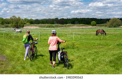 Berlin, Germany, 2021, May, 25, Two Women On Their Bike Tour In The Beautiful Landscape In And Around Berlin