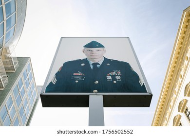 Berlin, Germany -23/5/2019- Portrait Of American Soldier Jeff Harper At Checkpoint Charlie