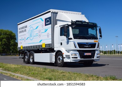 Berlin, Germany - 3rd July, 2018: MAN TGM 26.360E Electric Truck On A Road.