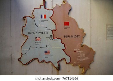 BERLIN, GERMANY - 8 February 2015. A Map From The Checkpoint Charlie In Berlin Showing The Borders Of Berlin During Cold War.