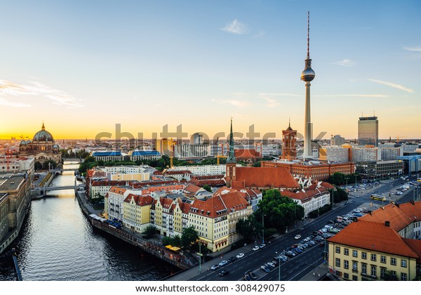 Berlin, Germany. Aerial view of Berlin during\
beautiful sunset