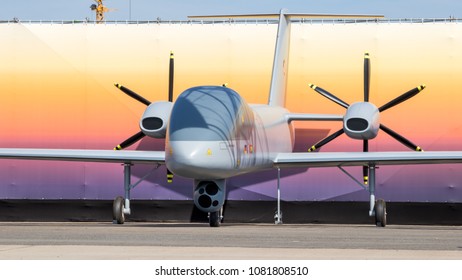 BERLIN, GERMANY - APR 27, 2018: Full-scale Model Of The European Medium Altitude Long Endurance (MALE) Unmanned Aerial Vehicle (UAV) At The Berlin ILA Air Show.