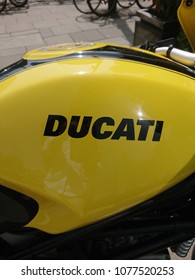 Berlin, Germany - April 22, 2018: Yellow Ducati Motorcycle, Detail. Ducati Motor Holding S.p.A. Is An Italian Company That Designs And Manufactures Motorcycles