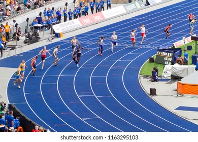 BERLIN, GERMANY- AUGUST 10, 2018: European Athletics Championships. 4 X 400m Relay Men Round 1