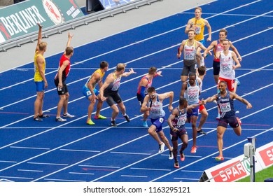 BERLIN, GERMANY- AUGUST 10, 2018: European Athletics Championships. 4 X 400m Relay Men Round 1