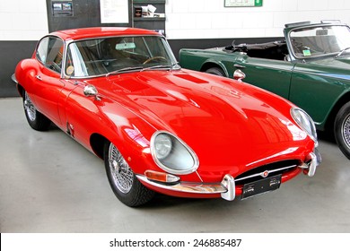 BERLIN, GERMANY - AUGUST 12, 2014: British classic vehicle Jaguar E-Type in the museum of vintage cars Classic Remise.