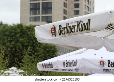 Berlin, Germany. August, 2022. Detail Of Berliner Kindl Pilsener Beer Umbrella In A Terrace Bar In Downtown Berlin.