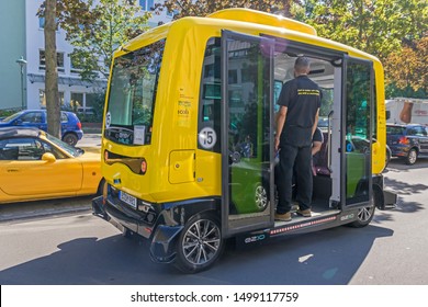 Berlin, Germany - August 23, 2019: First Self-driving Bus Or Autonomous Car Transporting Six Passengers Accompanied By A Human Supervisor For The Safety