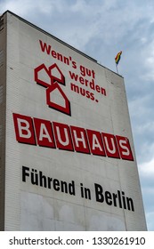 Berlin, Germany - August 25, 2018: Bauhaus advertisement. Bauhaus is a Swiss-headquartered pan-European retail chain offering products for home improvement, gardening and workshop