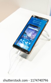 Berlin, Germany, August 29, 2018, new Nokia smartphones with Android system at Nokia exhibition pavilion showroom, stand at Global Innovations Show IFA 2018, 