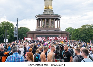 BERLIN, GERMANY August 29, 2020. Demo in Berlin with the police at the Victory Column against the Corona Covid-19 regulations and for human rights.