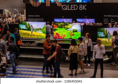 Berlin, Germany, August 31, 2018, Samsung QLED 8K HDR 82inch Smart TV on display, at Samsung exhibition pavilion showroom, stand at Global Innovations Show IFA 2018,