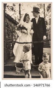 BERLIN, GERMANY - CIRCA 1930: Original Antique Wedding Photo. Portrait Of Just Married Couple. Nostalgic Picture, Circa 1930 In Berlin, Germany