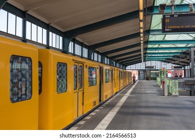 BERLIN GERMANY - CIRCA AUGUST, 2016: The train at the platform in the Berlin U-Bahn Gleisdreieck metro station, located on a viaduct in the Kreuzberg district.